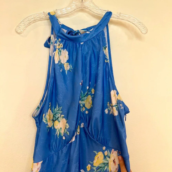 LoveShackFancy Brinda Blue Satin Floral Formal Tie Back Halter Maxi Dress Gown - Picture 5 of 11